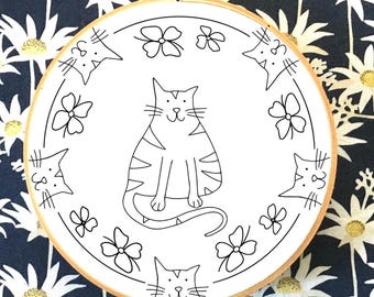 Cute stylised cat, & flower embroidery, PDF template, beginners/advanced, embroidery file, handmade gift, animal embroidery, cat embroidery
