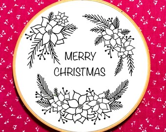 Christmas wreath with poinsettia flowers embroidery pattern, PDF template, beginners/advanced, embroidery file, handmade gift, Xmas wreath