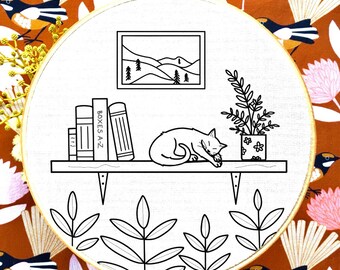 Cat embroidery, sleeping cat, PDF template, hand embroidery pattern, handmade gift, cat lovers, cat hoop embroidery, cat & plant embroidery