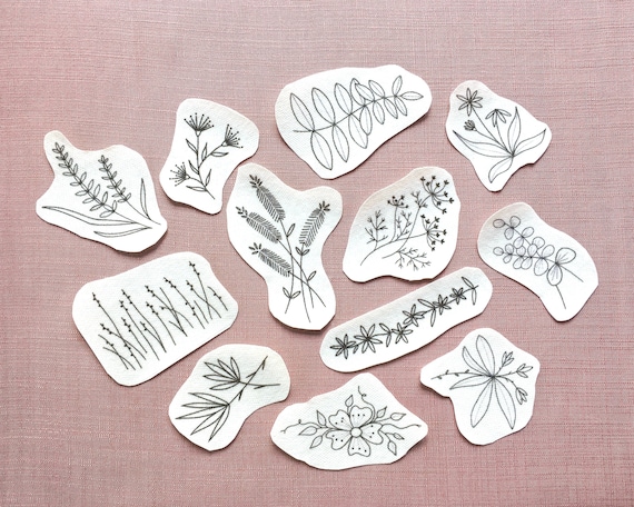 12 stick and stitch pre-printed embroidery designs/water soluble patches/plants/stick on designs/hand embroidery/easy/wash-away