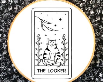 Tarot card cat embroidery, PDF template, psychic hand embroidery pattern, handmade gift,  for cat & Tarot lovers, celestial embroidery, cat