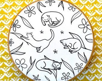 Plant & cat embroidery, PDF template, beginners/advanced, embroidery file, handmade gift,  gift for cat lover, cross stitch cats, cat lady