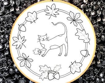 Fall/autumn cat embroidery, PDF template, beginners/advanced, embroidery file, handmade gift, cat embroidery, autumn fall leaves embroidery