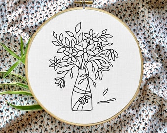 花瓶の花、手刺繍デザイン、PDF パターンのダウンロード、簡単な花の刺繍、刺繍の経験は不要、パターンのみ。