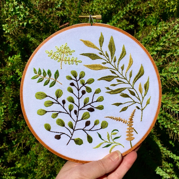 Fern embroidery pattern/fern pattern, PDF digital download, for 6", 7" and 8" hoops, hand embroidery, detailed instructions, easy embroidery