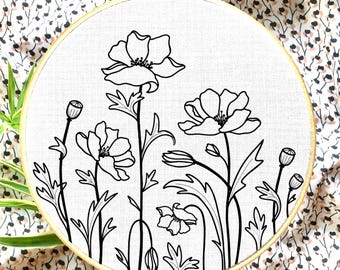Beautiful wild poppy embroidery, PDF template, beginners/advanced, embroidery file, handmade gift, flower embroidery, wildflower embroidery