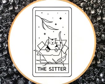 Tarot card cat embroidery, PDF template, psychic hand embroidery pattern, handmade gift,  for cat & Tarot lovers, celestial embroidery, cat