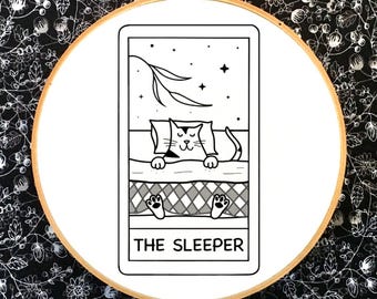 Tarot cat embroidery, The Sleeper, PDF template, psychic hand embroidery pattern, handmade gift, cat & Tarot lovers, magical cat embroidery