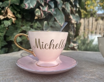PERSONALIZED Teacup and Saucer Set with Gold Trim and Gold Text! Bridal Gift, Birthday Gift, Friend Gift, Party Favor, Keepsake, etc!