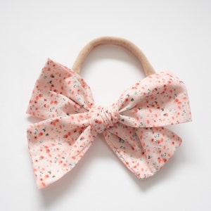 Pink Floral Cotton Pinwheel Hair Bow | Baby Bow | New Born Bow | Girl Bow | Pinwheel Bow | Baby Headband | Nylon Hair Bow | Hand Tied |