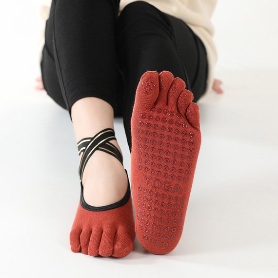Red Non-slip Grips & Straps Yoga Socks for Women , Ideal for Pilates,  Ballet, Dance, Barefoot Workout Fitness Wear 