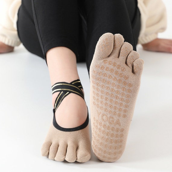 Beige Non-slip Grips & Straps Yoga Socks for Women , Ideal for