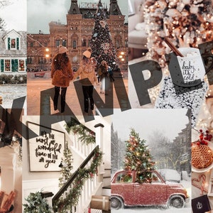 May include: A collage of winter holiday images featuring a snowy house, a Christmas tree in a city square, a mug with the text "baby it's cold outside", a fireplace with a lit fire, a sign that says "It's the most wonderful time of the year", a car with a Christmas tree on top, a waffle, and a letter board that says "Hello December Christmas is coming".
