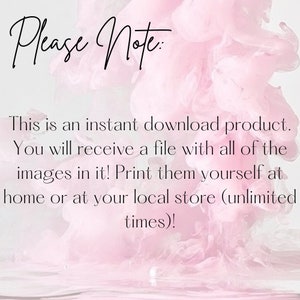 Peut inclure: Texte superpos&eacute; sur un fond aquarelle rose et blanc. Le texte indique "Veuillez noter : Il s'agit d'un produit t&eacute;l&eacute;chargeable instantan&eacute;ment. Vous recevrez un fichier contenant toutes les images ! Imprimez-les vous-m&ecirc;me &agrave; la maison ou dans votre magasin local (nombre illimit&eacute; de fois) !".