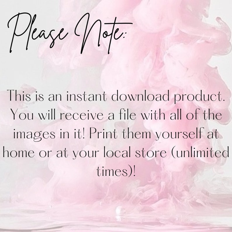 Peut inclure: Texte superpos&eacute; sur un fond aquarelle rose et blanc. Le texte indique "Veuillez noter : Il s'agit d'un produit t&eacute;l&eacute;chargeable instantan&eacute;ment. Vous recevrez un fichier contenant toutes les images ! Imprimez-les vous-m&ecirc;me &agrave; la maison ou dans votre magasin local (nombre illimit&eacute; de fois) !".
