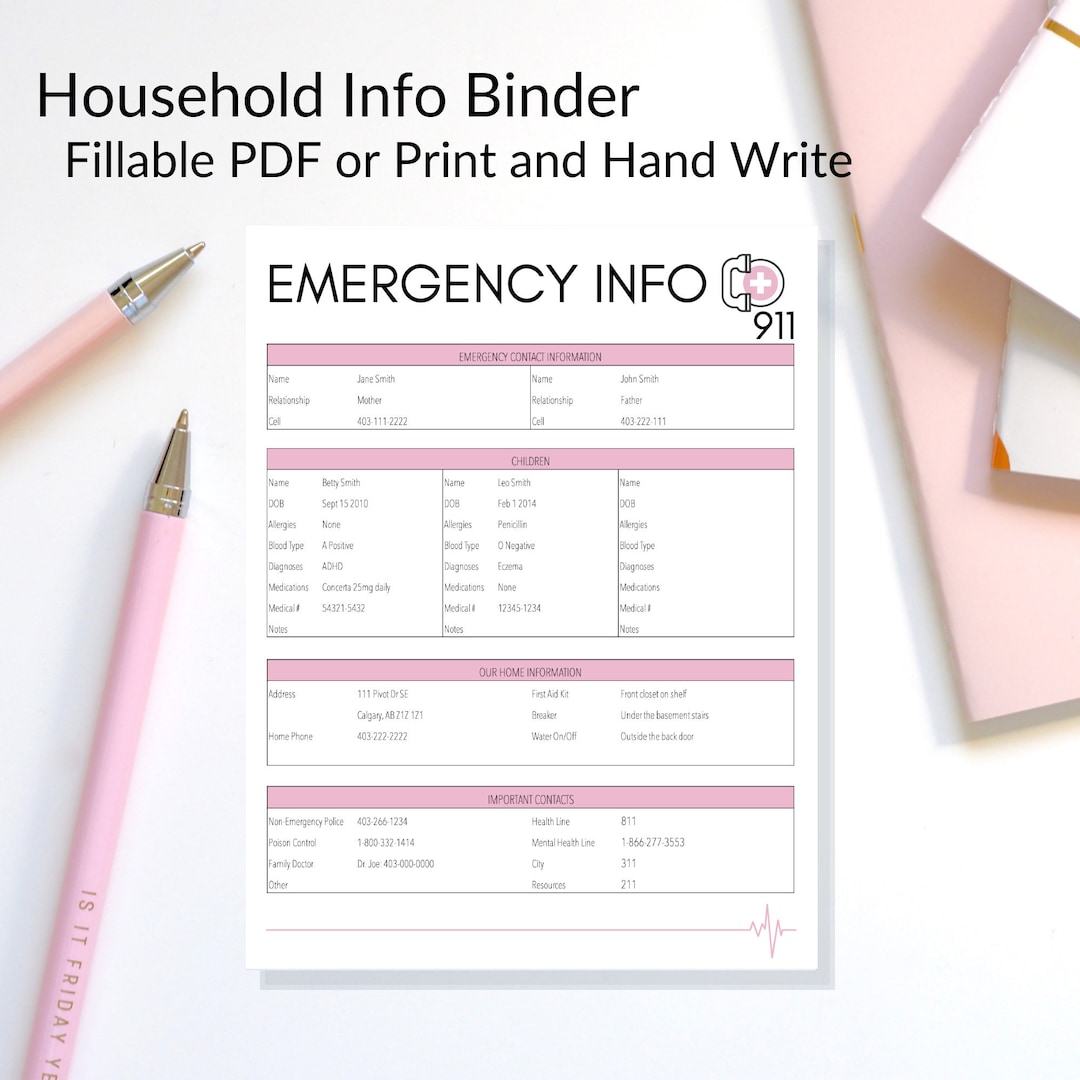 Home Emergency Information Binder, Household Info, Parents Info, School