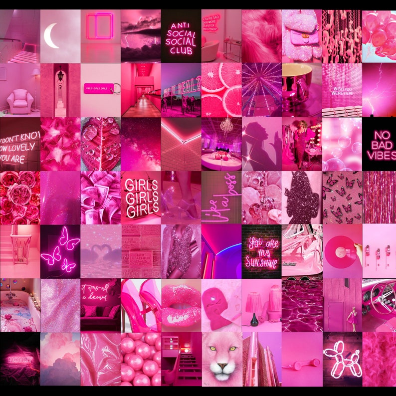 Peut inclure: Un collage esth&eacute;tique rose avec diverses images, notamment des papillons, des c&oelig;urs, des l&egrave;vres, une panth&egrave;re rose et le texte "Girls Girls Girls" et "No Bad Vibes".