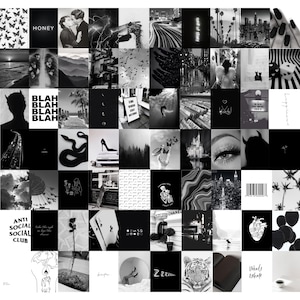 Kit de collage de pared de fotos negro, estética negra, blanco y negro, descarga digital instantánea, impresiones digitales, decoración de pared de la habitación estética, 70 piezas