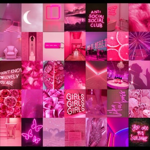 Peut inclure: Un collage esth&eacute;tique rose et violet avec des enseignes au n&eacute;on, dont "Anti Social Social Club", "Girls Girls Girls", "Life Boss" et "You are my Sunshine". Le collage comprend &eacute;galement des images d'un fauteuil rose, d'un escalier rose, d'une feuille rose, d'un lustre rose et d'une grande roue rose.