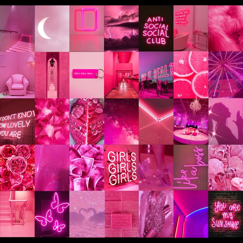 Peut inclure: Un collage esth&eacute;tique rose et violet avec des enseignes au n&eacute;on, dont "Anti Social Social Club", "Girls Girls Girls", "Life Boss" et "You are my Sunshine". Le collage comprend &eacute;galement des images d'un fauteuil rose, d'un escalier rose, d'une feuille rose, d'un lustre rose et d'une grande roue rose.
