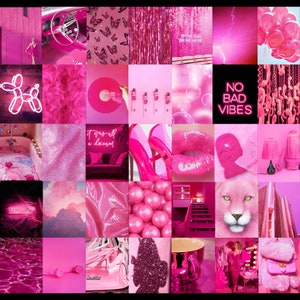 Peut inclure: Un collage esth&eacute;tique rose avec des images d'une voiture rose, des papillons, un t&eacute;l&eacute;phone rose, un tourne-disque rose, un bain rose, un lion rose, une tasse rose, un sac &agrave; main rose et le texte "No Bad Vibes".