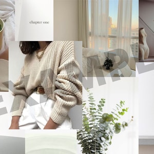 May include: A mood board with a beige and white color scheme. The board features images of a woman wearing a beige sweater, a cup of green tea, a stack of books, a vase with green leaves, and a window with white curtains.