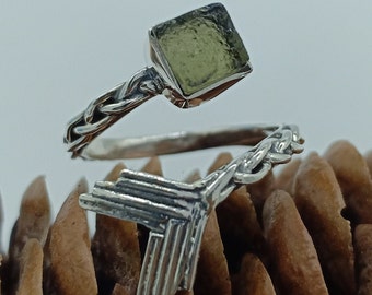 Adjustable Natural Moldavite Silver Ring Rough 925 Silver Sterling Moldavite Ring Healing Moldavite Ring Genuine Raw Moldavite Ring