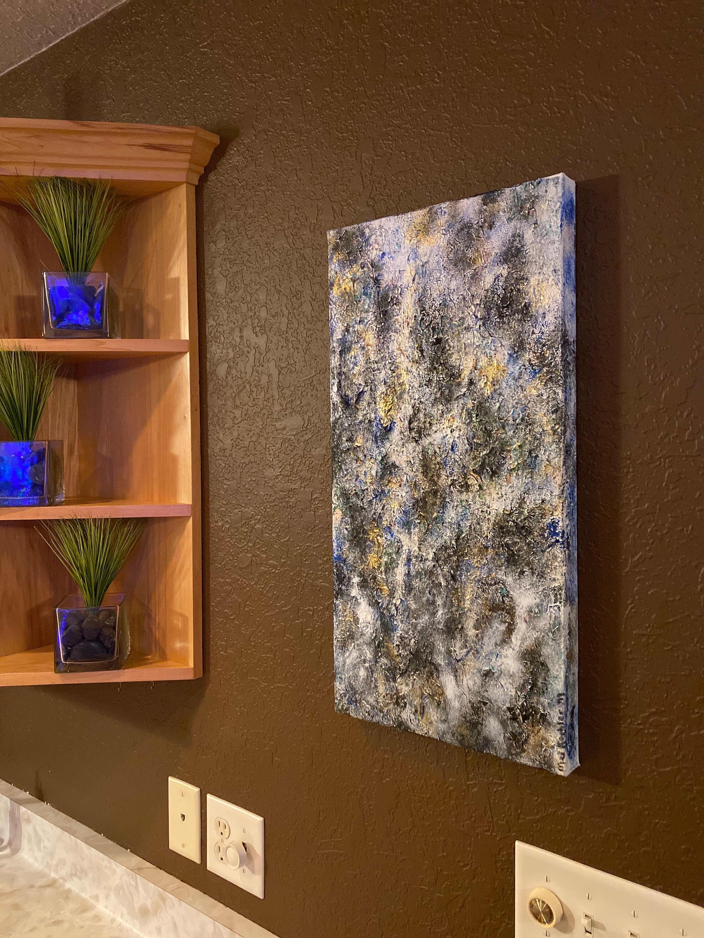 青、金、白、黒のテクスチャーの抽象アクリル画 12”x24” - Etsy 日本