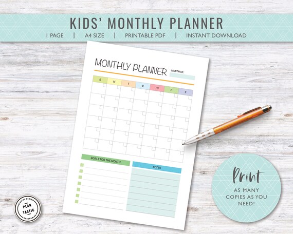Printable Kids' Monthly Planner Digital Download A4 | Etsy