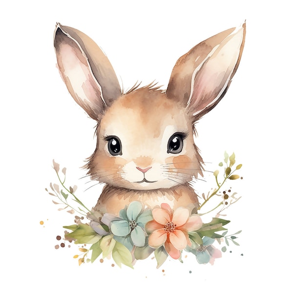 Cute Baby Rabbit Boho Flower Clipart Download PNG Transparent Background, Illustration, Clipart, T-Shirt Design, Nursery Decor