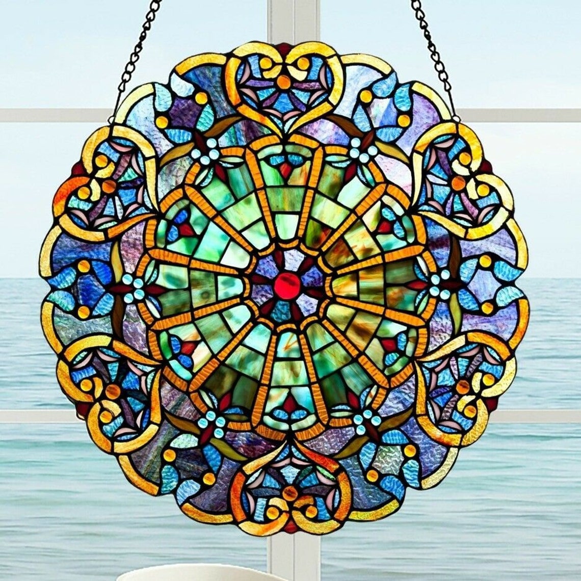 Window Panel Suncatcher Blue Stained Glass Tiffany Style 22in Etsy