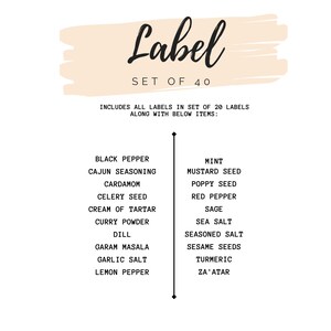 May include: A set of 40 spice labels with a handwritten "Label" script in black. The labels include a list of spices such as black pepper, curry powder, and sea salt. A beige rectangular shape is behind the word "Label".