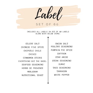 May include: A set of 60 spice labels with a handwritten "Label" title in black script. The labels include common spices like cinnamon sticks, onion salt, and taco seasoning. The text is on a white background with a beige brushstroke.