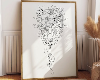 May include: A black and white line art print of a bouquet of flowers with the word "family" written underneath. The print is framed in a light wood frame and is hanging on a white wall.