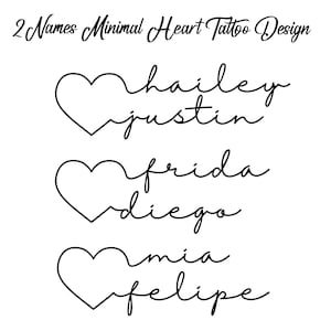 2 Names Heart Tattoo Design | Minimal Tattoo Design | Digital Download | Mom Son Daughter Tattoo Design | Couple Gift | Fine Line SVG PNG