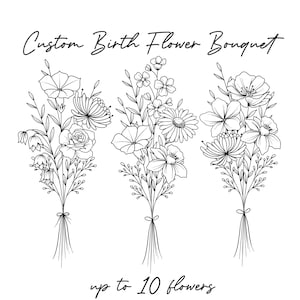 Individueller Geburtsblumenstrauß, Familie Geburtsmonat Tattoo-Design, Bis zu 10 Blumen, Blumenstrauß-Druck, Florales Tattoo-Design, Digitaldruck