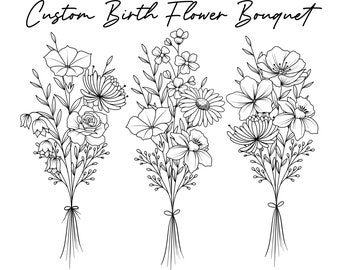 Bouquet de fleurs de naissance personnalisé, conception de tatouage du mois de naissance familiale, jusqu’à 10 fleurs, impression de bouquet de fleurs, conception de tatouage floral, impression numérique