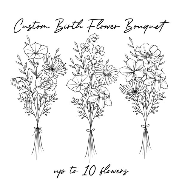 Bouquet di fiori di nascita personalizzato, disegno del tatuaggio del mese di nascita della famiglia, fino a 10 fiori, stampa di bouquet di fiori, disegno del tatuaggio floreale, stampa digitale