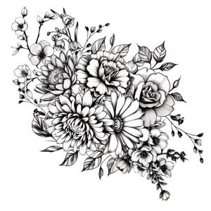 May include: Black and white floral illustration featuring a variety of flowers, including roses, chrysanthemums, and other blossoms. The detailed line art creates a delicate and elegant design, perfect for various applications.