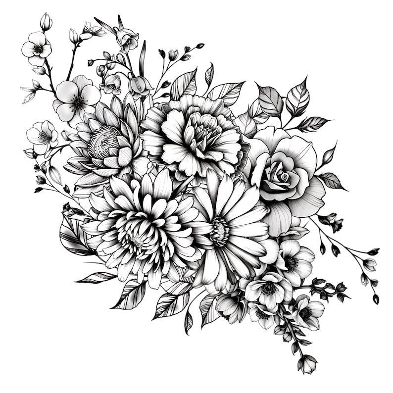 May include: Black and white floral illustration featuring a variety of flowers, including roses, chrysanthemums, and other blossoms. The detailed line art creates a delicate and elegant design, perfect for various applications.