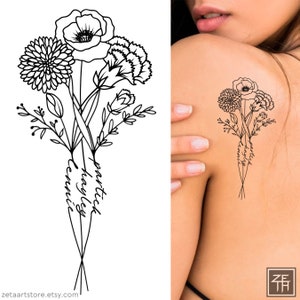 May include: A black and white line drawing of a bouquet of flowers with the names "Martick", "Hayley", and "Cennie" written on the stems.