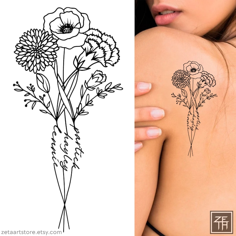 May include: A black and white line drawing of a bouquet of flowers with the names "Martick", "Hayley", and "Cennie" written on the stems.