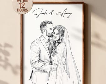 May include: A framed black and white line art portrait of a couple in wedding attire. The man wears a suit and the woman wears a veil. The text Jack & Amy is written in cursive above them. A circular badge in the corner reads READY WITHIN 12 HOURS.