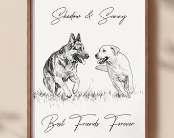 May include: A framed black and white line art print featuring a German Shepherd and a Labrador Retriever running in grass. The text reads Shadow & Sunny at the top and Best Friends Forever at the bottom in a cursive script font.