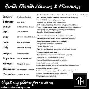 May include: A chart listing birth month flowers and their meanings.  The chart is on a white background with black text.  The chart lists the months of the year from January to December, with the corresponding birth month flower and its meaning.  For example, January's birth month flower is Carnations & Snowdrop, and the meaning is Pink Carnations (love and appreciation), White Carnations (luck, love and affection) Red Carnations (love and friendship), Snowdrop (hope and rebirth).