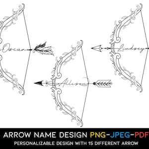 Custom Arrow Name Design 2, Bow and Arrow Tattoo Design, Tattoo Commission, Custom SVG, Boho Arrow Name Tattoo, Personalizable Bow and Arrow