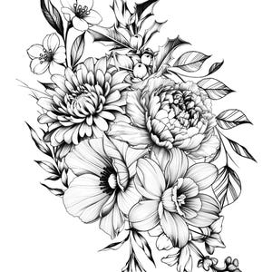 May include: Detailed black and white floral illustration featuring a variety of flowers, including peonies, chrysanthemums, and other blossoms. The artwork showcases intricate line work and shading, creating a realistic and elegant botanical design.