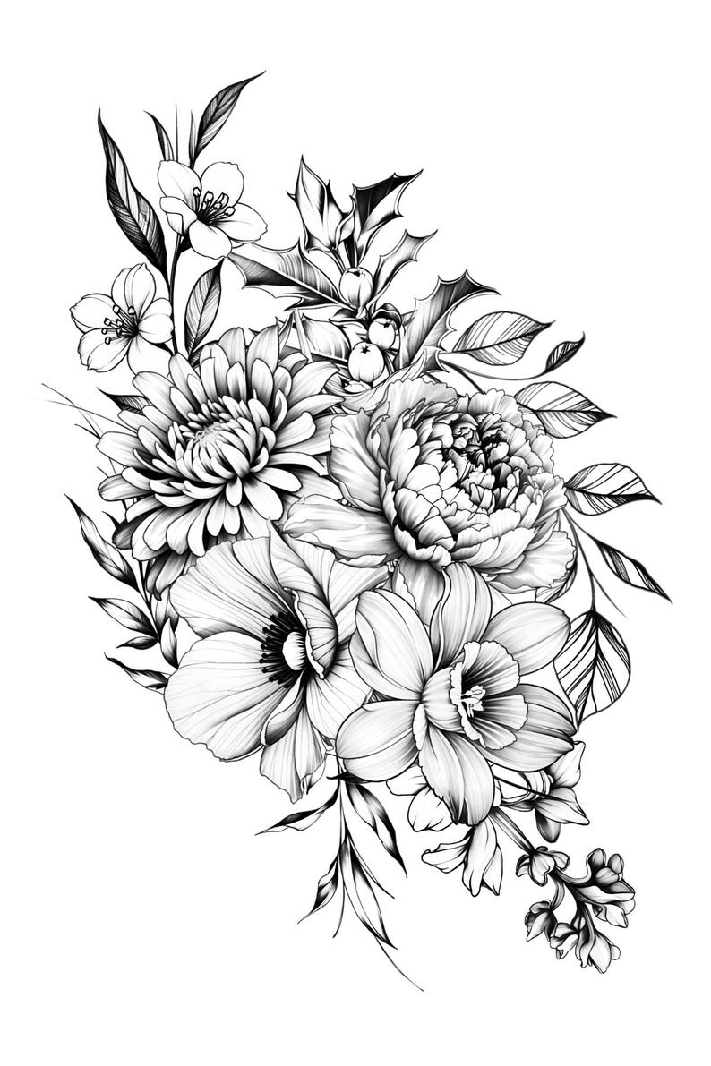 May include: Detailed black and white floral illustration featuring a variety of flowers, including peonies, chrysanthemums, and other blossoms. The artwork showcases intricate line work and shading, creating a realistic and elegant botanical design.