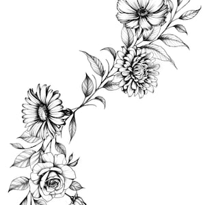 May include: A black and white line drawing of a floral arrangement with a rose, daisy, and two other flowers. The flowers are drawn with delicate detail and are arranged in a flowing, natural style.