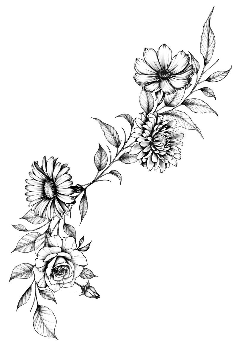 May include: A black and white line drawing of a floral arrangement with a rose, daisy, and two other flowers. The flowers are drawn with delicate detail and are arranged in a flowing, natural style.